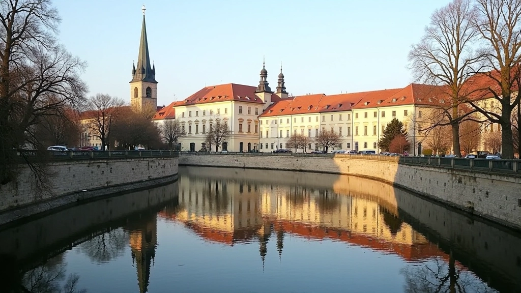 Historické budovy a architektura podél Vltavského nábřeží s odrazem v řece