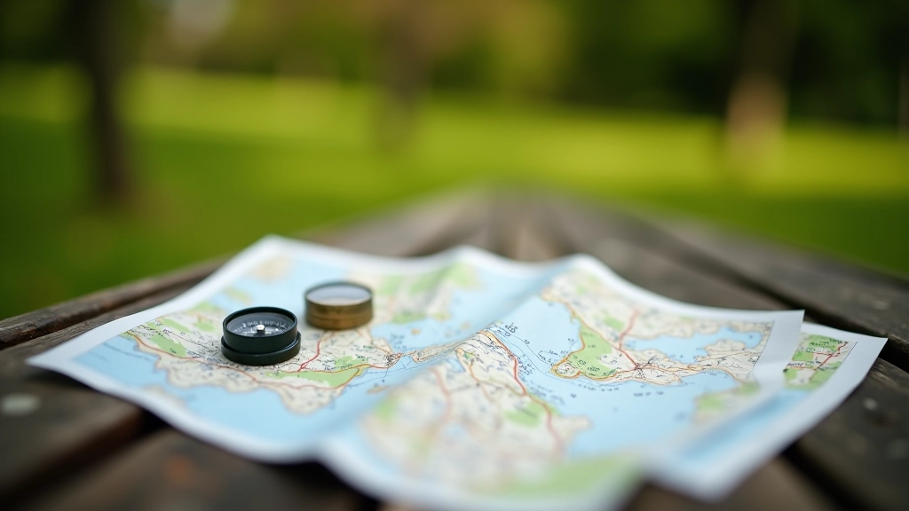 Papírová mapa Stromovky a kompas na lavičce v parku s přírodou v pozadí
