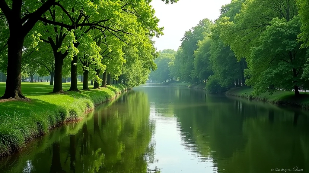 Krásná přírodní scenérie podél řeky s zelení, stromy a relaxační atmosférou